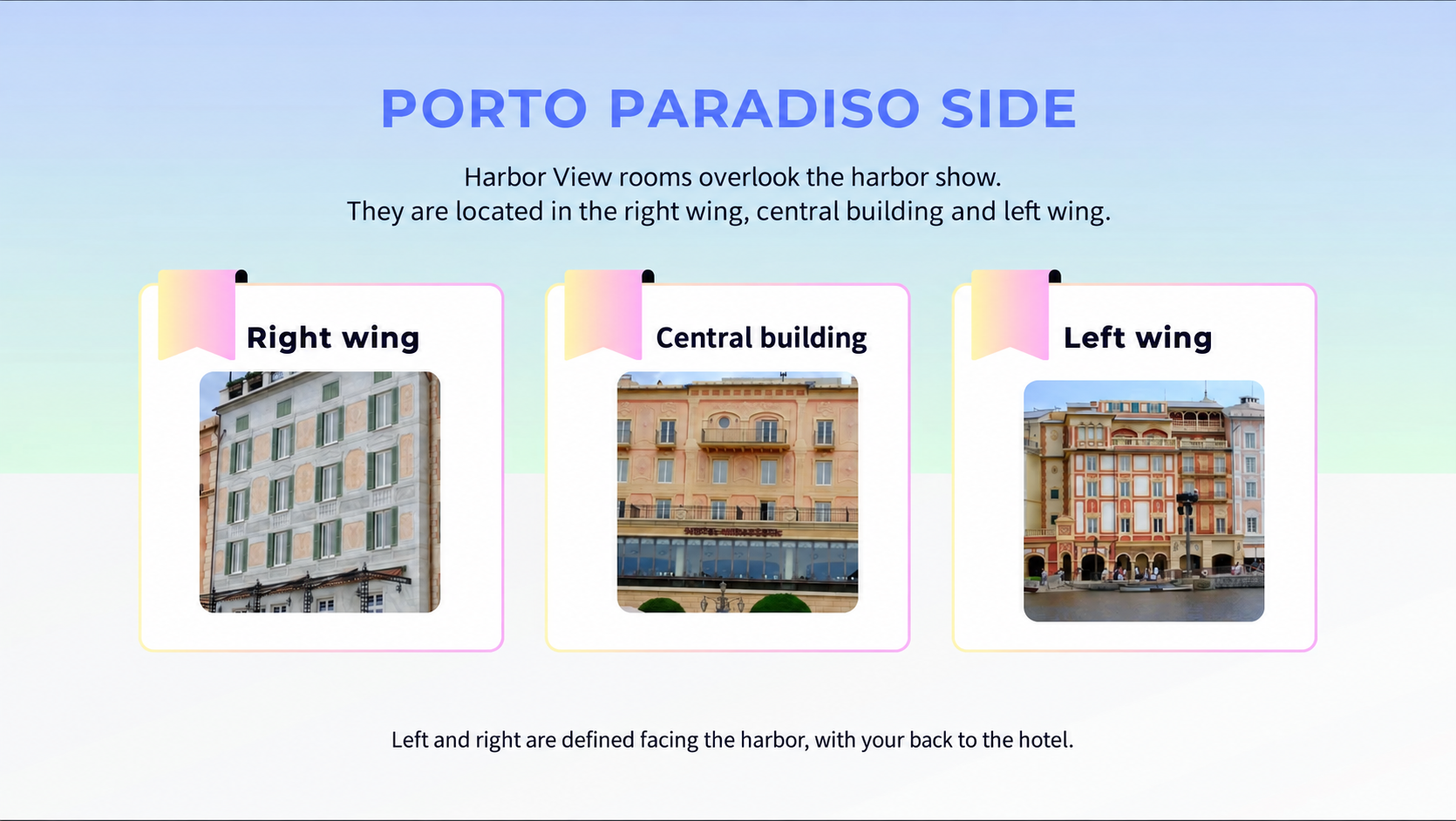 The three main Superior Room Harbor View locations, with left and right defined while facing the harbor with your back to the hotel