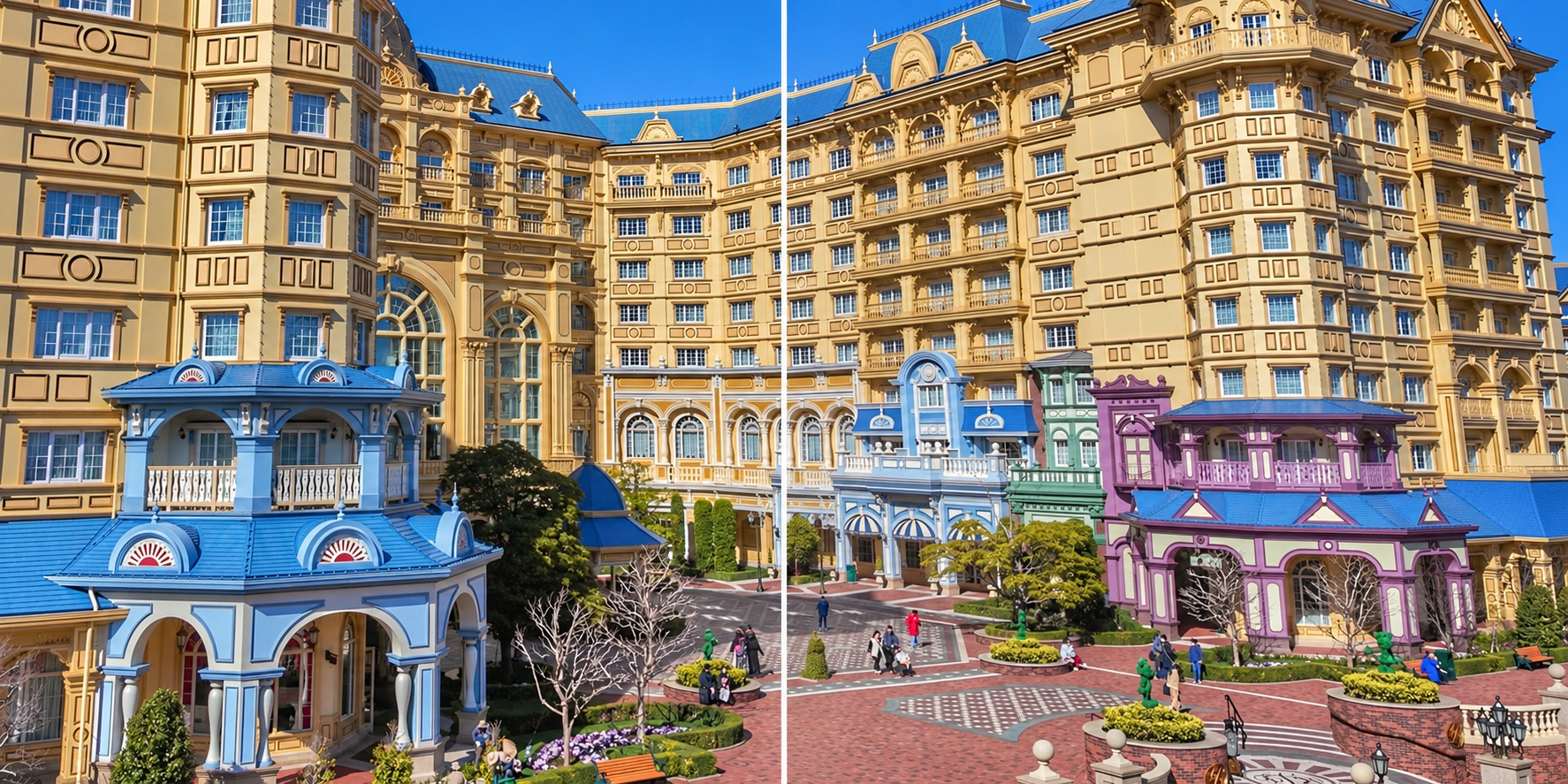 Blue and purple corners of the hotel building, with third-floor balcony areas