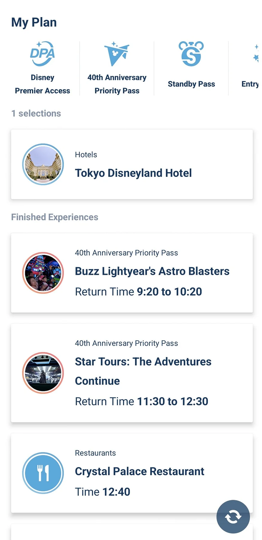 หน้า My Plan แสดงรายการ Buzz Lightyear, Star Tours และ Crystal Palace ของทริป