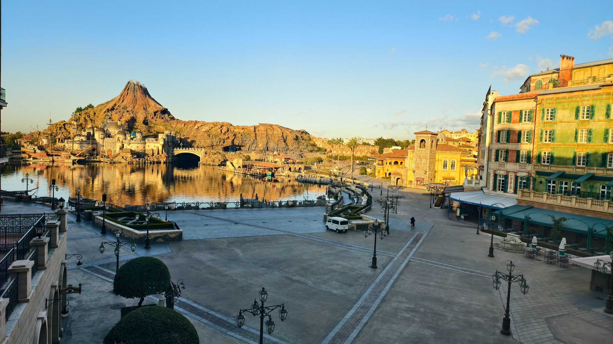 The harbor and volcano in the morning, seen from our third-floor Harbor View room in the central building in 2025